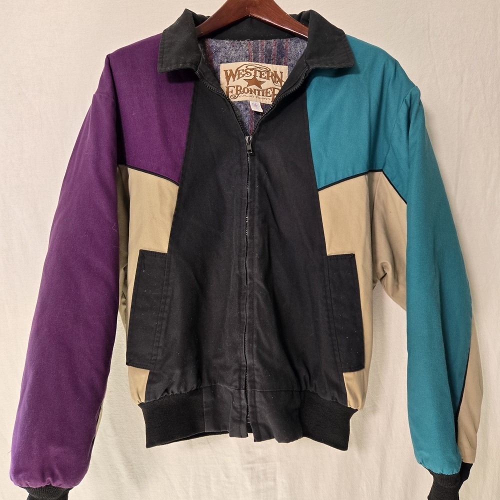 Vtg Western Frontier Jacket Mens L Colorblock Canvas Blanket Bomber 90s USA